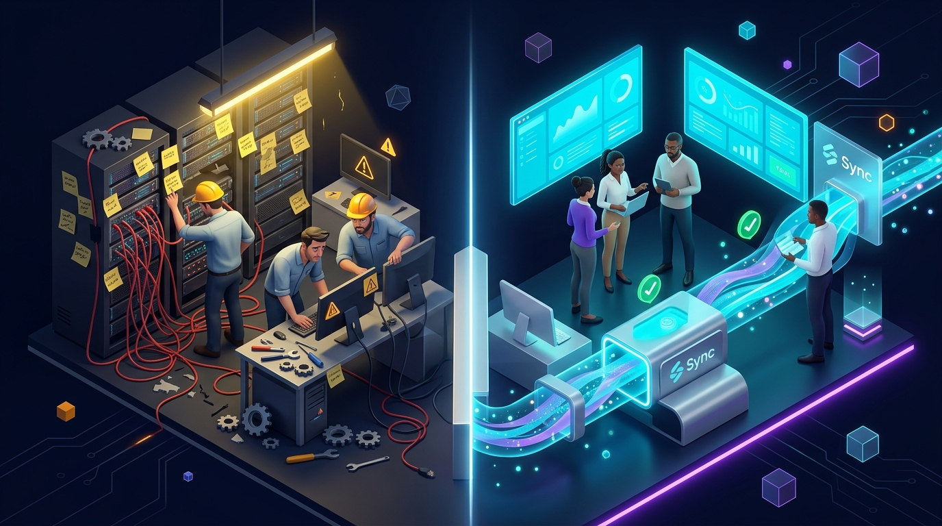 Tired team in operational chaos vs. calm team with reliable flow