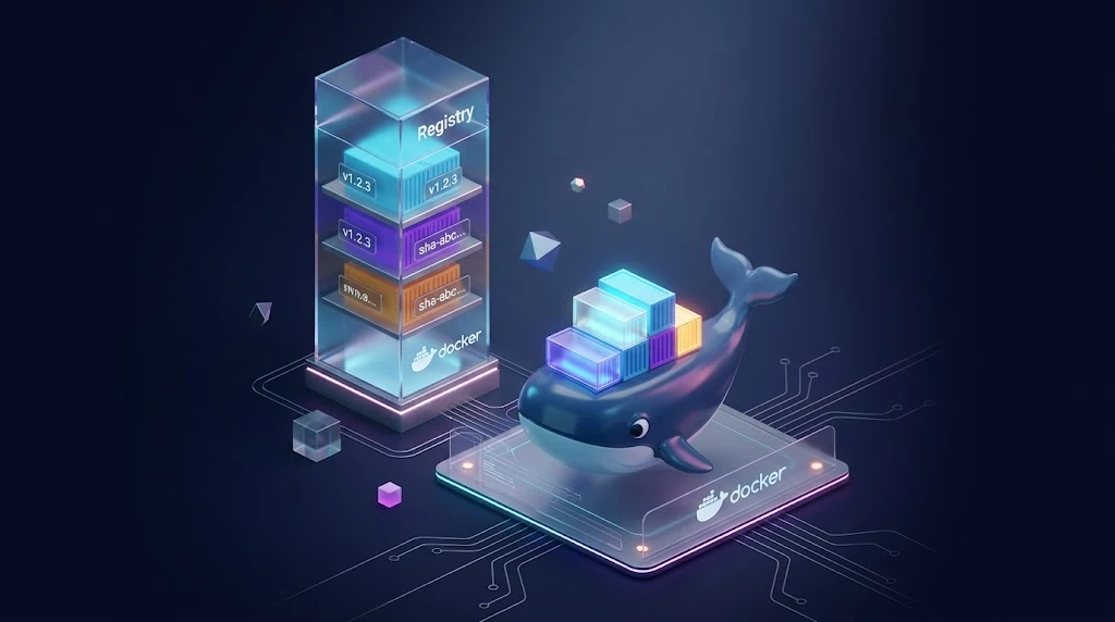 Docker como ballena 3D y Registry como biblioteca de versiones