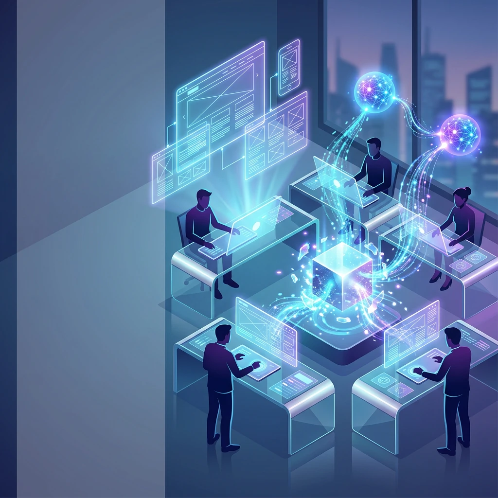 Illustration: digital product studio with AI agents and engineers building an application at record speed