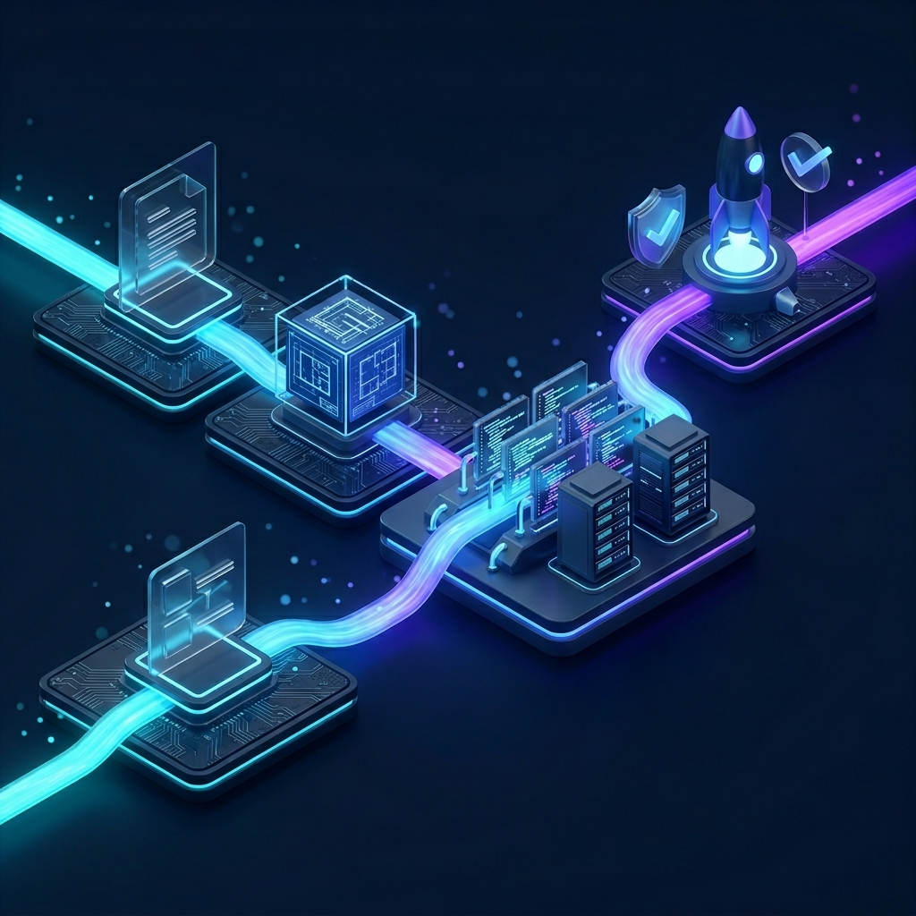 Journey diagram: brief, specification, agentic build, and launch