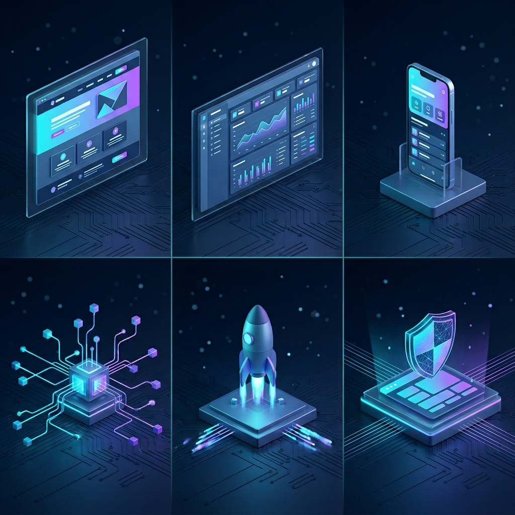 Collage of product types: web app, portal, SaaS, integrations, and enterprise MVP