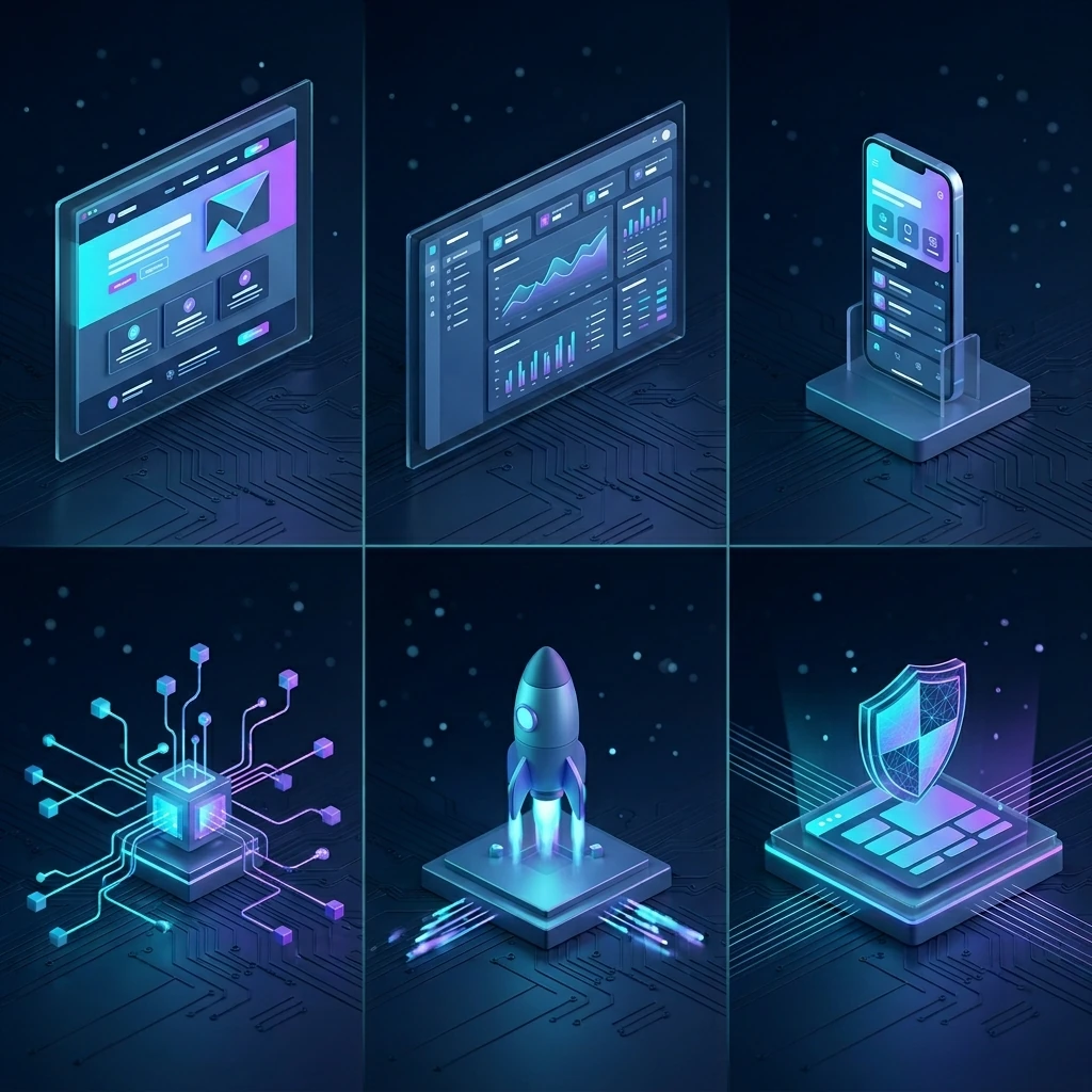 Collage of product types: web app, portal, SaaS, integrations, and enterprise MVP
