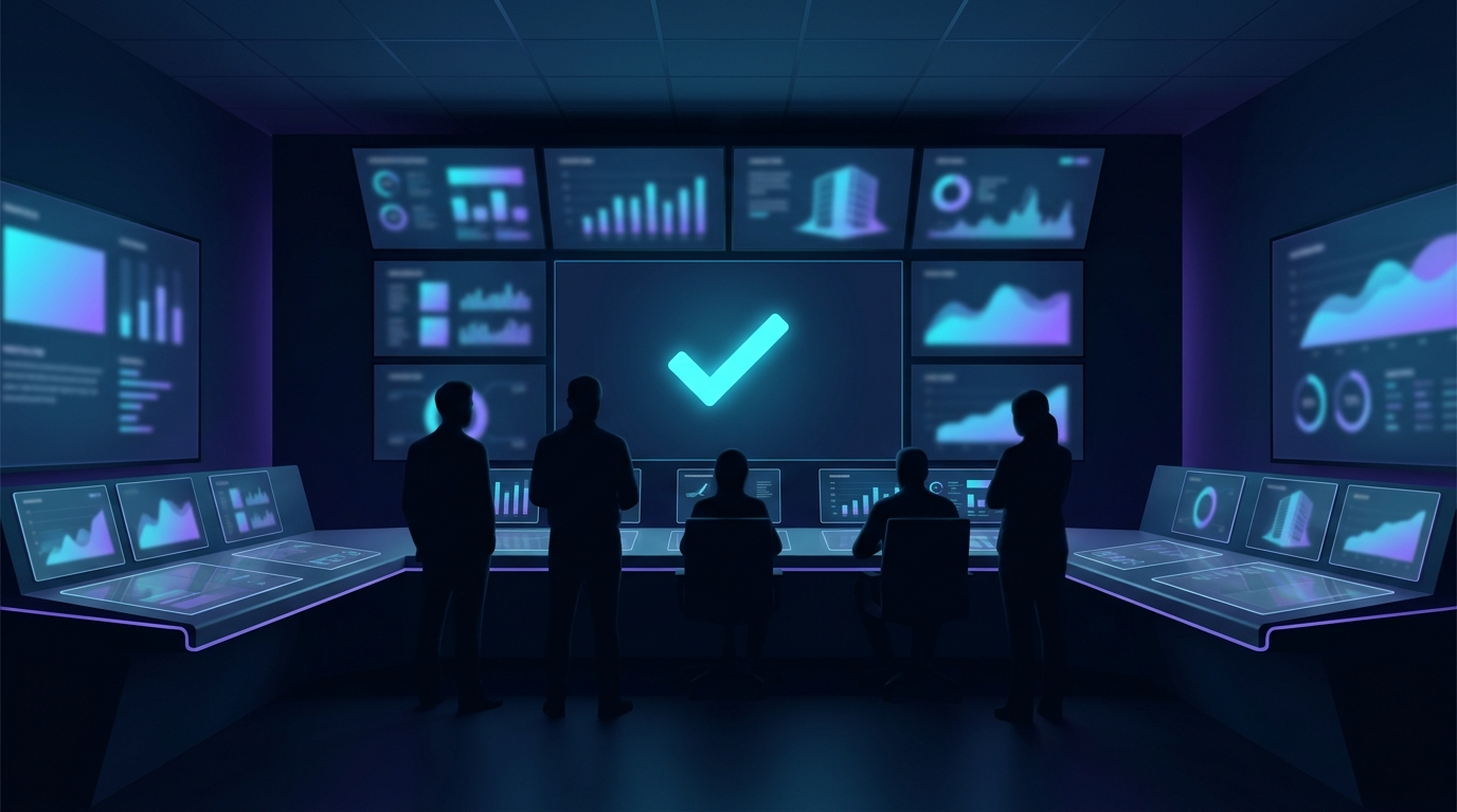 Operations team monitoring production dashboards with verification and trust metaphors.