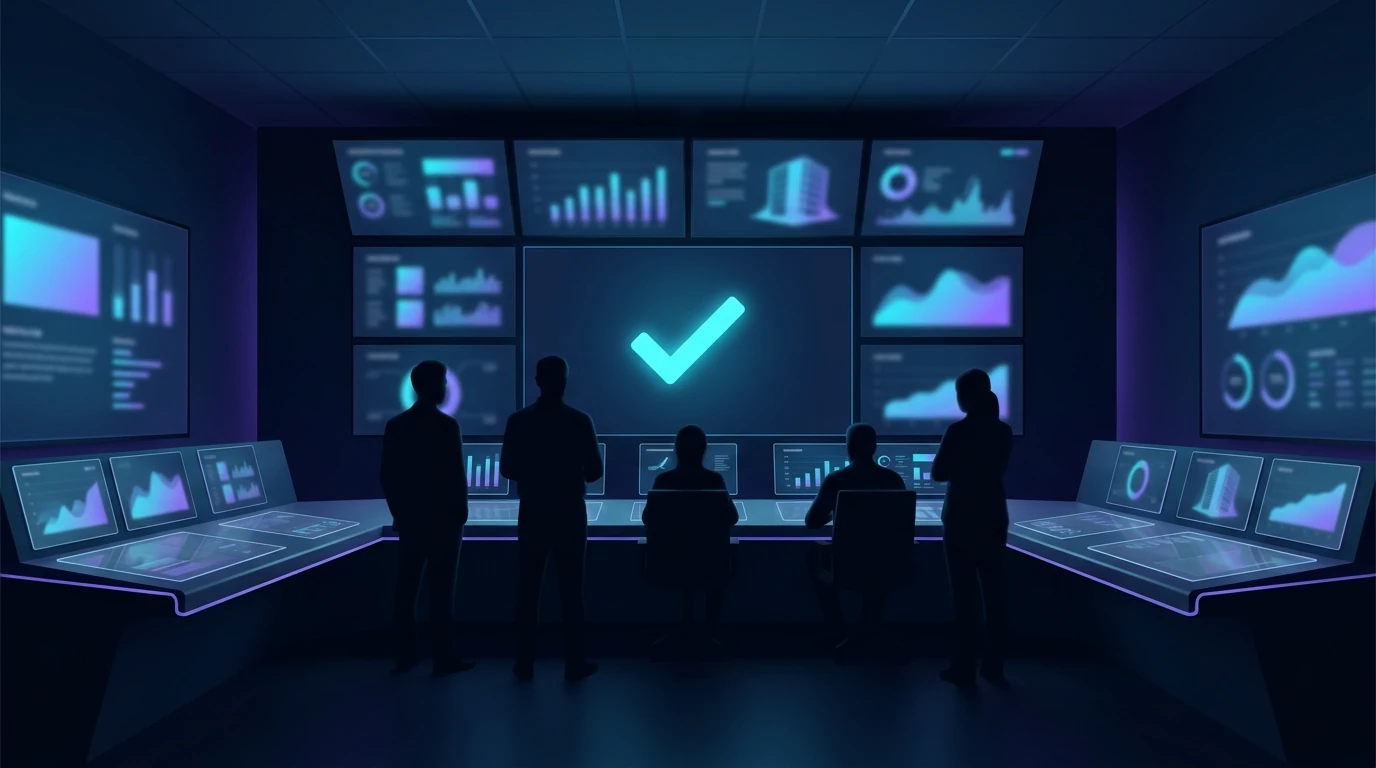 Equipo de operaciones supervisando tableros de producción con metáforas de verificación y confianza.
